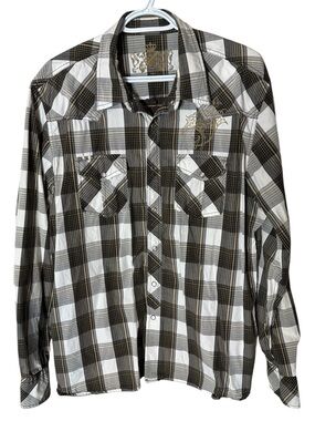 GUESS Men’s Plaid Button Down Shirt Rockabilly Western Snaps Brown White Size XL